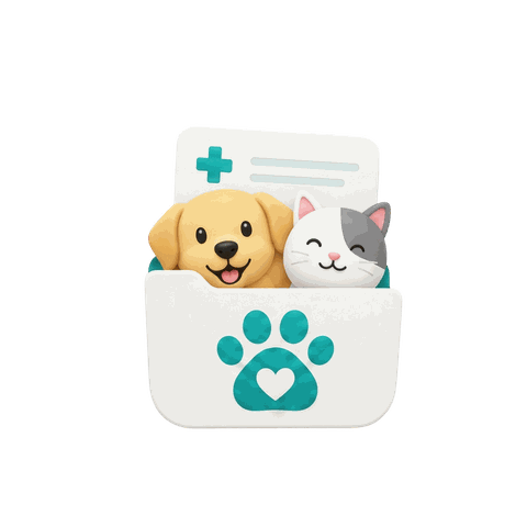 A folder holding a happy dog and cat with a medical record